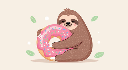 Cute sloth hugging a delicious pink frosted donut with sprinkles on a beige background
