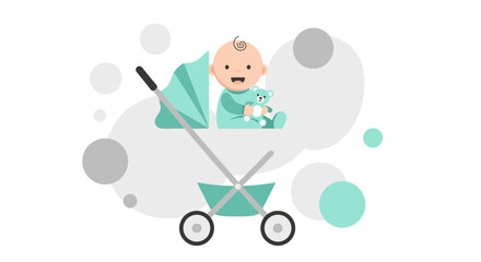 Cute smiling baby with a teddy bear in a pram over abstract background simple design