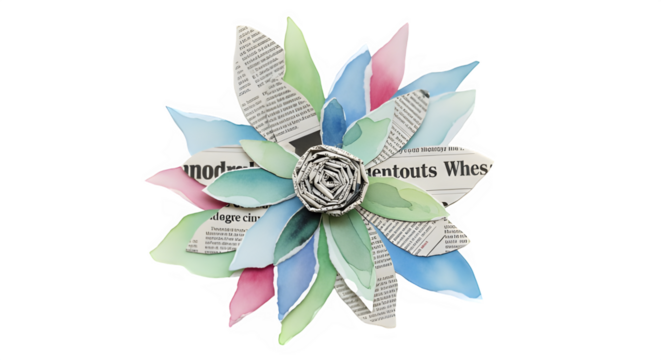 Colorful paper flower made from newspaper and colored leaves  Collage art, flower made of torn newspaper and watercolor textures, isolated on white background, modern mixed media style