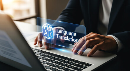 Person using laptop with language translation interface overlayed on the screen and keyboard view