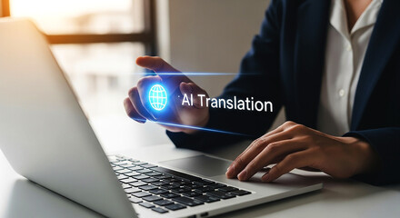 Person interacting with ai translation interface on laptop in a business setting with bright light