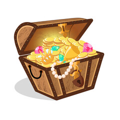 Open treasure chest with gold coins, gems, jewels, crown and golden cup. Pirate treasure. Cartoon vector illustration on white background.