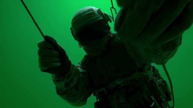 Green screen clip of paratrooper securing staticline hook illustrating essential airborne safety gear and prejump readiness in military context.