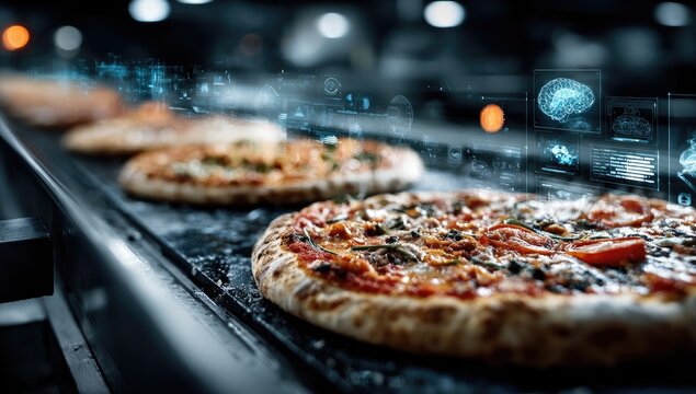 Automated pizza production line, with holographic data overlay