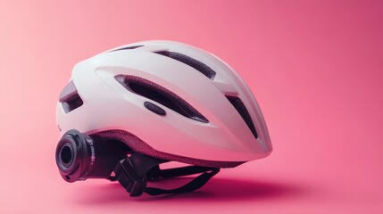 Fototapeta premium White bicycle helmet featuring built in rear camera set against a vibrant pink background