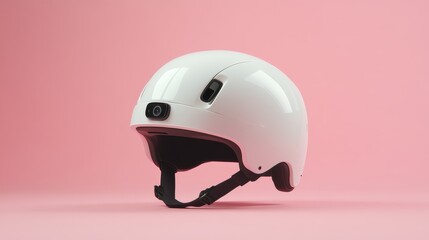 Fototapeta premium White bicycle helmet featuring built in rear camera against a vibrant pink backdrop