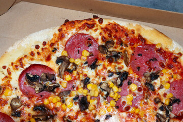 Delicious pizza topped with salami, mushrooms, and corn, freshly baked and served in a cardboard box, ready to enjoy at a casual gathering or party.