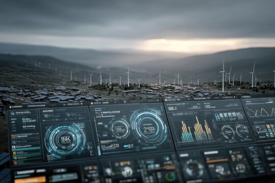 Control panel overlooking a wind farm at dawn