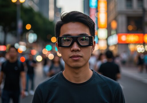 A young asian man wearing smart glasses in a city environment. - Powered by Adobe