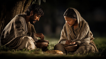 Isaac and Rebekah share a quiet meal beneath the shade of a wide acacia tree, gentle breeze moving the branches, their eyes meeting in tender devotion, symbolizing love and covenant..