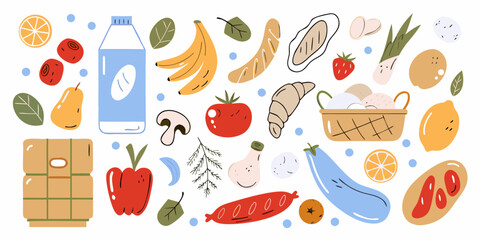 A colorful assortment of fresh groceries and food items arranged in a playful flat design style