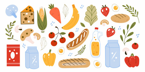 A vibrant and colorful collection of fresh food items and groceries arranged in a delightful flat design illustration
