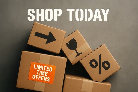 Shop today with LIMITED TIME OFFERS sale banner, glossy style, compelling retail discount promotion.
