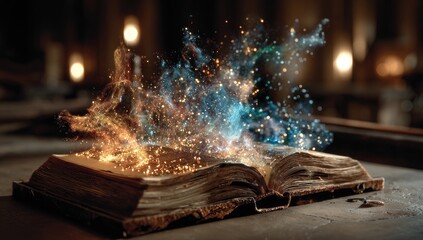 Obraz premium An ancient book bursts with magical sparks
