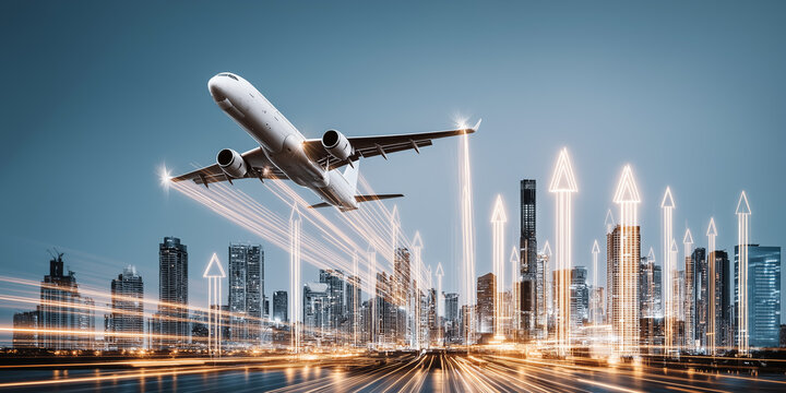 ビジネスの飛躍をイメージした飛行機と矢印デザイン