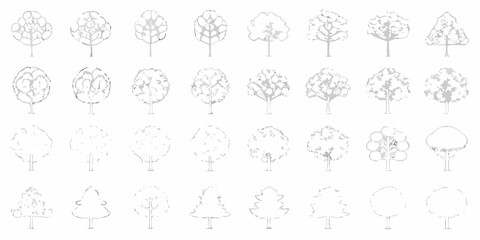 Collection of stylized line art trees in various shapes and styles on a white background