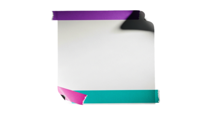 A blank white sheet of paper with purple and teal tape on a for a graphic design on transparent background