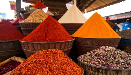 Colorful spice piles in a market