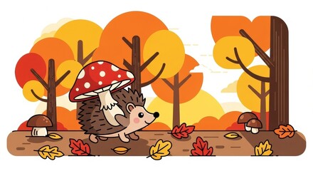 Obraz premium Cute Cartoon Hedgehog Carrying a Mushroom Walking Through a Colorful Autumn Forest with Fallen Leaves