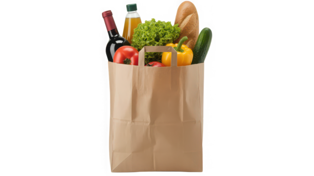 Brown paper grocery bag filled with fresh food and wine isolated on transparent background - Powered by Adobe