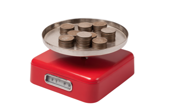 Stacked Coins on Red Weighing Scale, Transparent Background