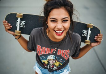 A happy young woman with a skateboard is smiling at the camera and looking joyful.