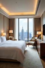 Luxurious hotel suite with plush bedding, marble bathroom, and stunning city view from a large window Enjoy the ultimate in comfort and elegance , vacation, interior