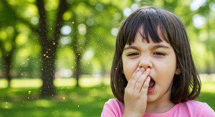 Fototapeta premium Achoo Young Girl with Hay Fever Sneezes from Pollen in a Sunlit Spring Park.