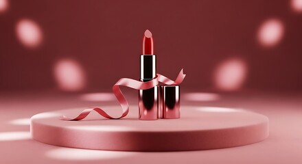 Elegant red lipstick with ribbon on a pedestal