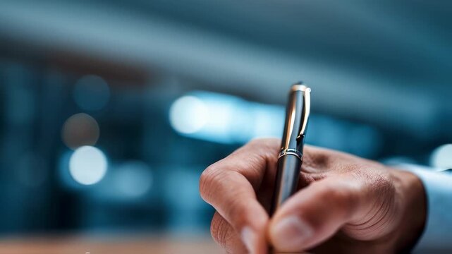 Precision shot of signing hand finalizing AI policy document binder clasp and meeting room present but diffused centering accreditation act.