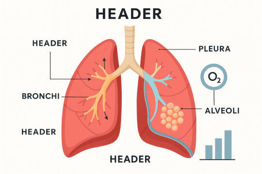 Lungs Anatomy Diagram Illustration, Human Respiratory System, Medical Education, Health, Bronchi, Alveoli, Pleura, Oxygen O2 Symbol