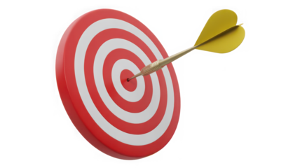Red and white circular target with yellow dart piercing the bullseye aiming for success transparent background