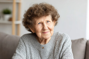 create photorealistic representation of elderly person with calm expression and wise gaze set against soft clean