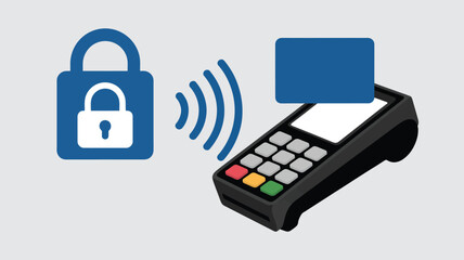 An illustration of a credit card terminal with a card and a padlock indicating secure transaction