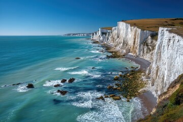 Majestic Dover White Cliffs Seascape with Clear Azure Sky and Gentle Waves, Serene Coastal Panorama