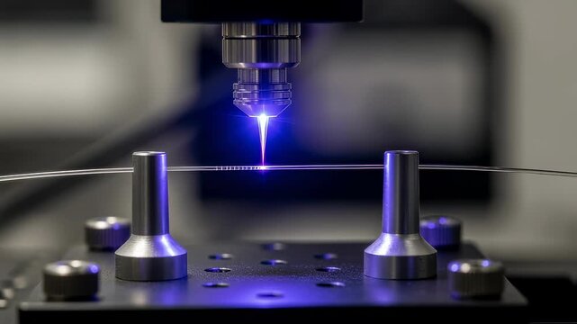 Macro shot of an optical fiber being written with Bragg gratings using a UV laser source and stable fiber holders on a vibrationisolated platform.