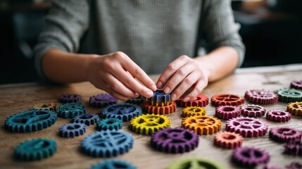 Hands assembling colorful gears