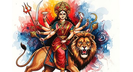 Goddess Durga on a roaring lion with colorful splashes and diyas