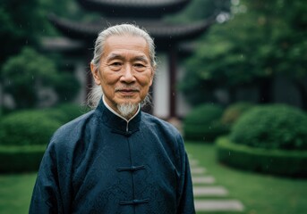 A serene elderly Asian man in traditional clothing stands in a peaceful garden, smiling.