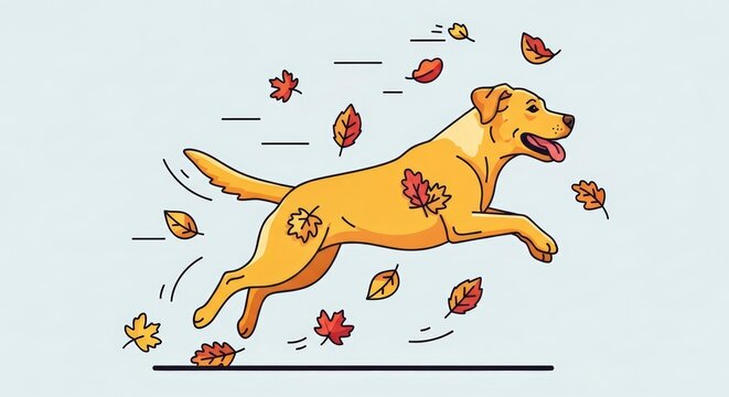 Happy Yellow Dog Running Through Falling Autumn Leaves Cartoon Illustration - Powered by Adobe