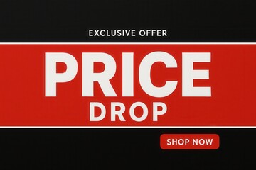 Exclusive offer with PRICE DROP and SHOP NOW call to action, bold modern style, enticing retail discount promotion.