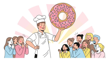 Chef presenting a large glazed donut to an excited audience, vector illustration