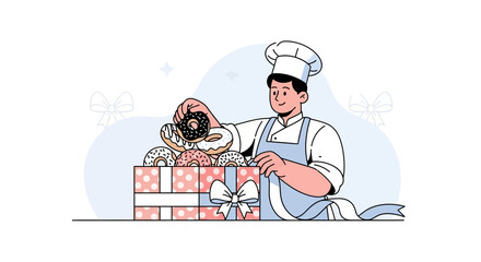 Chef Presenting Assorted Homemade Donuts From Decorated Box, Illustration Design
