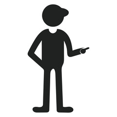 "Pointing Person Icon – Black Silhouette of Standing Figure with Tilted Cap, Hand on Hip, and Extended Arm – Stylized Pictogram for Direction, Instruction, Navigation, and UI/UX – Minimal Vector for A