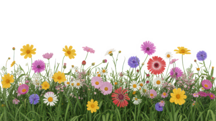 Vibrant field of wildflowers blooming in a lush meadow with a dark sky backdrop transparent background