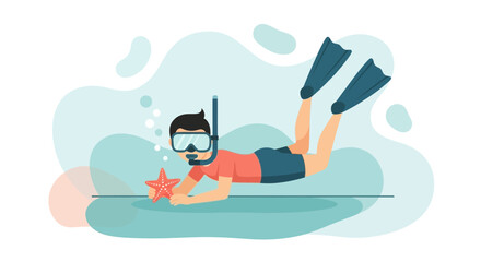 Obraz premium Cartoon illustration of a person snorkeling with a starfish underwater exploring the sea