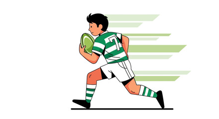 Cartoon illustration of a rugby player running with the ball in his hands