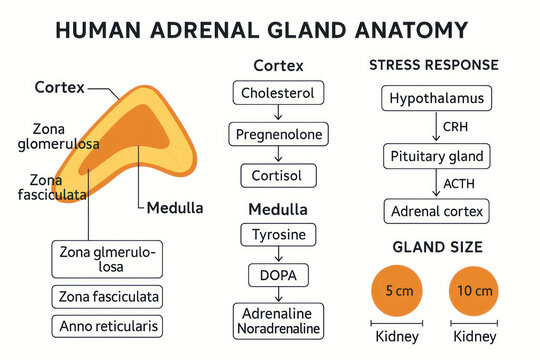 Human Adrenal Gland Anatomy Illustration, Cortex, Medulla, Stress Response Diagram