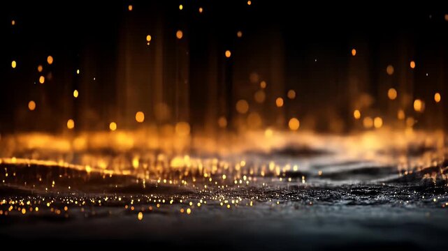 Abstract, golden sparks and bokeh on a dark surface