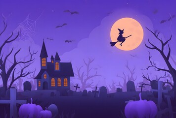 Spooky halloween night scene with witch flying past a haunted castle and full moon
